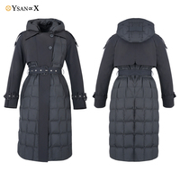 Manteau long noir en duvet avec capuche amovible, double boutonnage, ceinture, doudoune d'hiver pour femme, prix d'usine