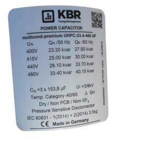 Condensador de Potencia KBR UHPC-33.4-480-3P 400V 33.40 kvar 50 Hz Tipo Seco Hecho en Alemania - Product Image 1