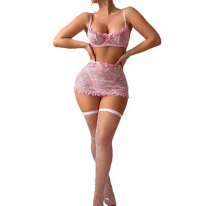 European and American style lingerie lace see-through three-piece bra set with underwire, push-up mesh garter belt, and - Product Image 5