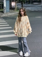 Pull en mohair à carreaux crème |   Pull en tricot oversize - Texture douce et moelleuse, style universitaire vintage pour femme, parfait pour les superpositions d'automne