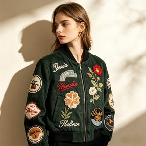 Custom <strong>Vintage</strong> Motorsport <strong>Women's</strong> Green Floral Suede Bomber <strong>Jacket</strong> with Embroidery Reversible Eco-Friendly Autumn Varsity <strong>Jacket</strong> - Product Image 1