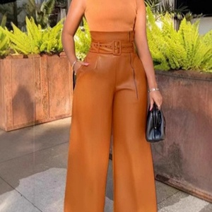 Viviblook Z1010PT04 2025 Hot Sale Women <b>Plus</b> <b>Size</b> High <b>Waisted</b> Pants PU Leather Pants Nightclub Metal <b>Belt</b> Wide Leg Pants - Product Image 2