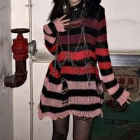 Nouveau pull long unisexe style punk pour femme, d'été, rayé, cool, ajouré, déchiré, ample, fin, streetwear rock sombre