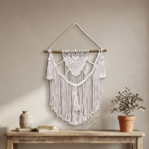 Tapiz de Pared de Macramé Boho Blanco, Tapiz de Algodón con Forma Triangular, Decoración de Pared Hecha a Mano, Diseño Geométrico Abstracto - Product Image 3