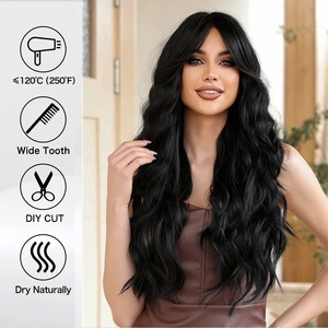 Peluca negra ondulada larga con flequillo, pelucas de pelo rizado sintético para mujeres blancas, fibra resistente al calor, Cosplay, uso diario, peluca de pelo falso - Product Image 3
