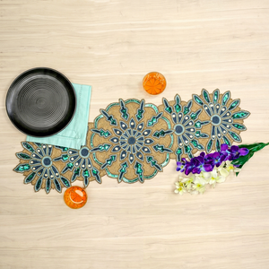Embroidered Geometric <b>Table</b> <b>Runner</b> Bohemian Home Decor Washable Beaded Pattern Yellow Blue Purple - Product Image 1