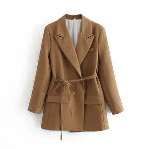 Women's casual high waist belt in the long coat woman in solid color patchwork suit