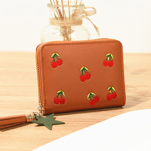 Cherry Embroidery <b>Wallet</b> Pink Women's <b>Small</b> Zipper <b>Wallet</b> With Tassel Star Charm Handmade Fashion Accessory - Product Image 4