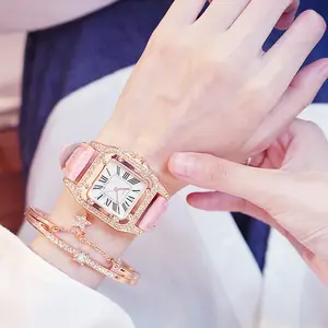 ชุดสร้อยข้อมือเพชรหรูหราลายดาวสำหรับผู้หญิง,นาฬิกาข้อมือควอตซ์สายหนังลำลองแฟชั่นใหม่