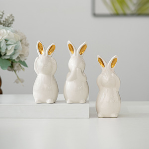 Ensemble de figurines de lapin en céramique de Pâques - Ne vois pas le mal, n'entends pas le mal, ne dis pas le mal - Décoration nordique pour le salon, le meuble TV - Product Image 4