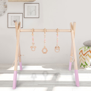 Gymnase d'activités en bois pour bébés et tout-petits de 0 à 2 ans, jouet géométrique avec anneaux et perles suspendus - Product Image 3