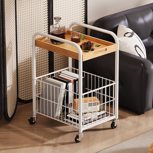 Oumei Movable <b>Coffee</b> <b>Table</b> Trolley With Wheels Wood Top Storage Basket Living Room Side <b>Table</b> - Product Image 2
