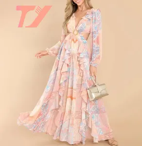 TUOYI Designer Backless Bow Metallic Belt Cut Out Long Sleeve Ruffle Pink Dress Women Custom Long Maxi Beach Floral Dress