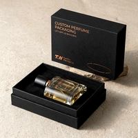 Boîte à parfum rigide noire de luxe sur mesure, deux pièces, avec couvercle amovible, présentation horizontale de la bouteille, pour emballage de parfum personnalisé