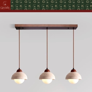 Lampada a Sospensione Lineare a 3 Teste GOLDKING per Cucina e Isola, in Travertino Beige Naturale, Personalizzabile OEM ODM - Product Image 2