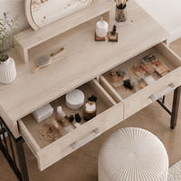 Coiffeuse nordique pour chambre à coucher avec miroir et éclairage, 100 cm, 2 tiroirs, structure en métal et fer, pour maquillage et coiffure