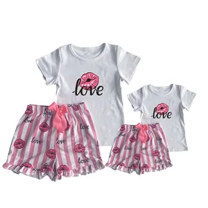 Custom Summer Mommy And Me Outfits Ruffle Trim T Shirt & Shorts Lounge Set Women Sleepwear Pajama 2 Piece T Shirt Set