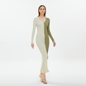 2024 all'ingrosso della fabbrica su misura con cuciture <span class=keywords><strong>Beige</strong></span> verde con scollo a coste lavorato a <span class=keywords><strong>maglia</strong></span> con matita Midi da donna abito Silhouette per l'inverno - Product Image 2