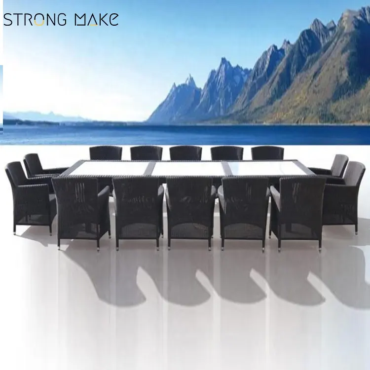 高級ブラックPe籐屋外用家具大きなダイニングテーブルと椅子セット1416椅子付き屋外ダイニングテーブル