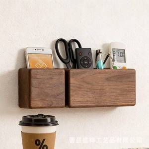 Wall Mounted Wooden Storage Box Rectangle No Drilling Required <b>For</b> Remote <b>Control</b> <b>Phone</b> Organizer Small Large Size Black Walnut - Product Image 1
