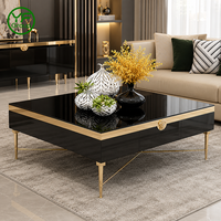 Table basse moderne de luxe en verre noir avec structure en acier inoxydable doré, table centrale de salon avec tiroir de rangement, mobilier de maison