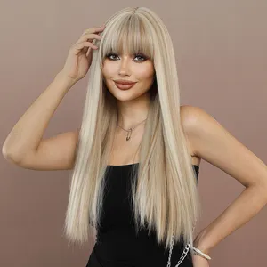 26Inch Long Straight Wig With Bangs Blonde Heat Resistant Light Brown Highlight Ombre Synthetic Wig Natural Looking Peluca Rubia