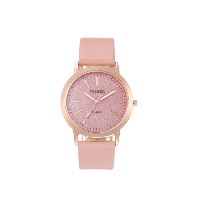 Pink Glitter Ladies Quartz Watch Rose Gold Case Leather Strap