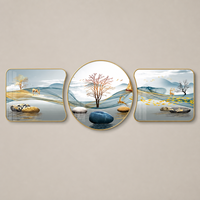 Tableau mural paysager serein en trois parties, bleu et or, avec arbre, cerf, verre, cristal et panneaux en aluminium pour salon et intérieurs d'hôtel