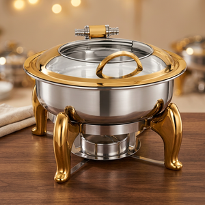 Plat à réchaud suspendu 6L en acier inoxydable doré PVD, chauffage au gaz, design moderne et luxueux, avec couvercle et kit de 6 tasses, pour service de table de fête - Product Image 2
