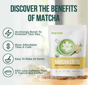Thé vert matcha à la vanille biologique en poudre de marque privée, qualité alimentaire, thé instantané en vrac emballé en boîte - Product Image 3