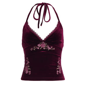 Top Halter de Terciopelo Vintage Sexy Y2K para Mujer, con Cuello en V, Bordado Floral y Espalda Descubierta, Venta al por Mayor - Product Image 6