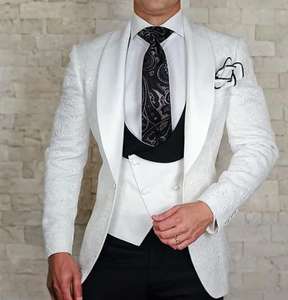 Conjunto Floral Branco de <span class=keywords><strong>3</strong></span> Peças Terno Jacquard Masculino para Casamento Smoking Jaqueta Calças Colete Formal Sob Medida Vestido de Festa Blazer - Product Image 2