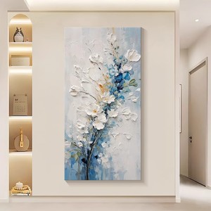 Peinture à l'huile florale peinte à la main, style crème moderne, texture épaisse bleue, art décoratif pour entrée, décoration murale sans cadre - Product Image 4