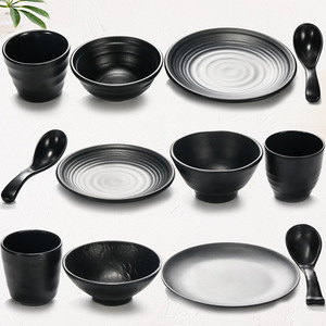 <b>Black</b> Melamine Bowl Set With Spoon And <b>Plate</b> Round Solid Color For Daily Use 4 Piece Commercial Tableware - Product Image 2