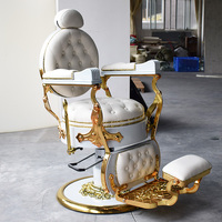 Fauteuil de Barbier Hydraulique de Luxe Vintage Blanc Or pour Salon de Coiffure et Esthétique