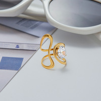 Bague ouverte géométrique double couche en acier inoxydable plaqué or 18 carats avec grand zircon, lignes modernes, bijoux pour femme