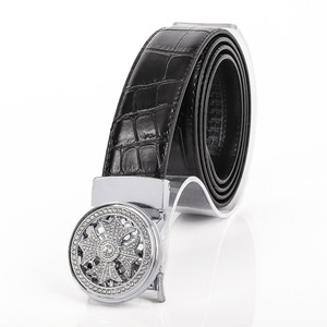Cinturón de Cuero Genuino para Hombre, Diseño de Cocodrilo con Hebilla Giratoria de Diamantes de Imitación, Marca de Lujo de Diseñador Famoso - Product Image 4