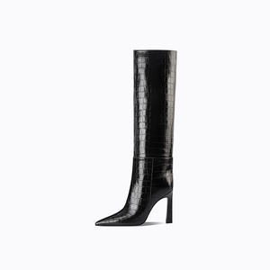 Bottes hautes en cuir de crocodile noir sur mesure pour femmes, à enfiler, à talons hauts, pour la vente en gros - Product Image 1