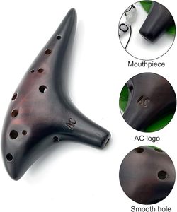 Ocarina Instrumento de cerámica ahumada de paja Alto C Piccolo de 12 agujeros con bolsa de correa para el cuello de cancionero para adultos - Product Image 5
