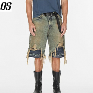 Nouvelle Arrivée <span class=keywords><strong>Short</strong></span> <span class=keywords><strong>en</strong></span> Jean Rétro Délavé Effet Usé Coupe Droite Ample et Déchiré pour Homme Taille Moyenne - Product Image 1