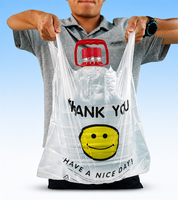 Sacs de transport en HDPE blancs imprimés sur mesure avec visage souriant jaune et message de remerciement, sacs de courses réutilisables en polyéthylène pour supermarché