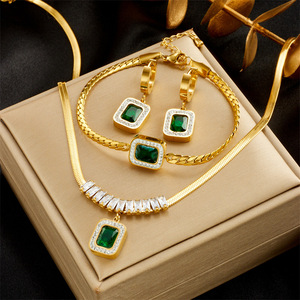 Vintage Square Emerald CZ 3Pcs Jewelry Set 18K Gold Plated Titanium Steel <b>Snake</b> <b>Chain</b> Necklace <b>Bracelet</b> Hoop Earrings - Product Image 1