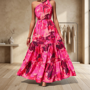 Halter Neck Floral Print Maxi <b>Dress</b> A-Line Sleeveless <b>Boho</b> <b>Summer</b> Chiffon Layered Ruffles Loose Fit Natural Waist Casual <b>Dress</b> - Product Image 2