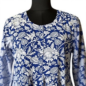 Blue Floral Bohemian Mini <b>Kimono</b> <b>Jacket</b> Women's Long Sleeve Layering Shrug Breathable Summer Spring Daily ODM 100% Cotton - Product Image 1