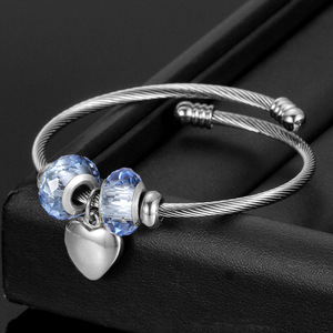 Stainless Steel Beaded <b>Bracelet</b> With Crystal Heart Pendant <b>Adjustable</b> For Gift Unisex Jewelry - Product Image 1