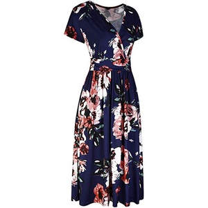 Wholesale Customized Clothing High Quality Women's New Retro Printed V-Neck Short Sleeve Casual <b>Dresses</b> - Product Image 3