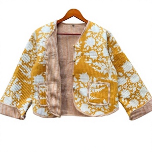 Handmade Cotton Quilted <b>Jacket</b> for Women Mustard Yellow White Floral Print Boho Short <b>Jacket</b> Ethnic <b>Kantha</b> Style Shrug - Product Image 1