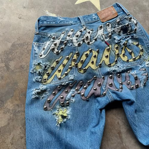 Jean en denim bleu de haute qualité, nouvelle marque de créateur, style hip-hop, imprimé graphique, déchiré, effiloché, délavé, avec clous et rivets, pour homme - Product Image 6