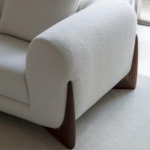 <span class=keywords><strong>Fauteuil</strong></span> simple nordique capitonné en tissu bouclé Teddy de forme organique, avec base en bois massif couleur noyer, pour salon, chambre et hôtel - Product Image 3