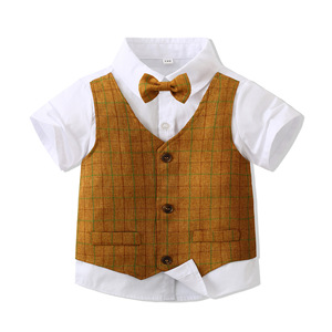 ילדים plaid ג 'נטלמן חליפה בנים מזדמנים ללבוש בגדי קיץ תינוק תינוק סטים פעוטות בגדים - Product Image 3
